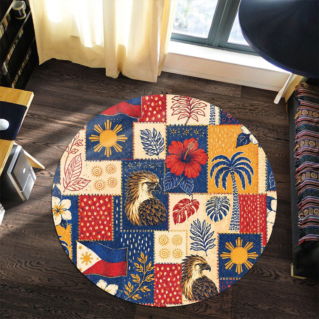 Philippines Filipinos Round Rug Eagle Sun Flag Tropical Floral Patchwork Style