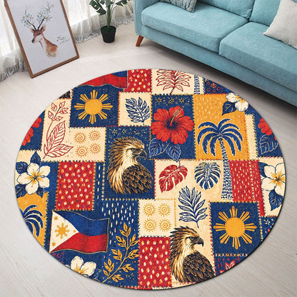 Philippines Filipinos Round Rug Eagle Sun Flag Tropical Floral Patchwork Style