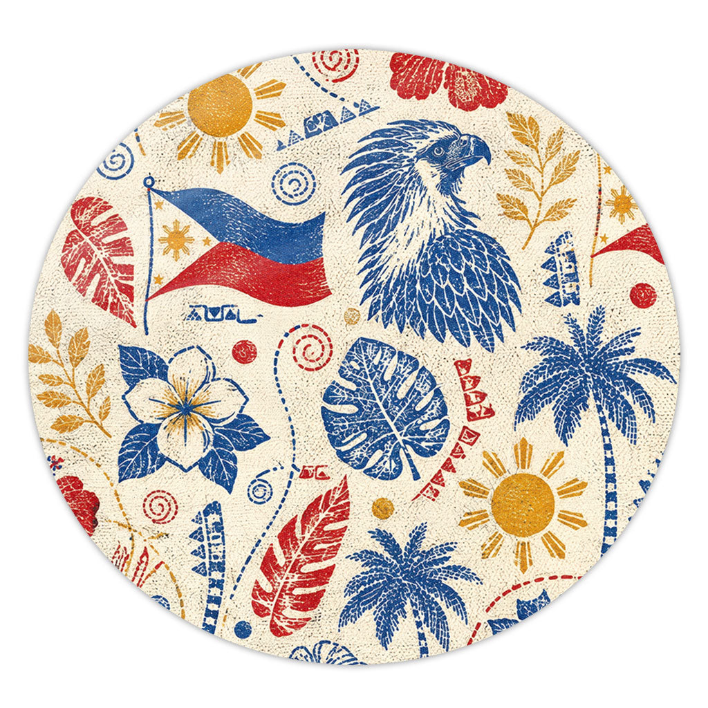 Philippines Filipinos Round Rug Eagle Sun Flag Tropical Floral Vintage Stamp Style