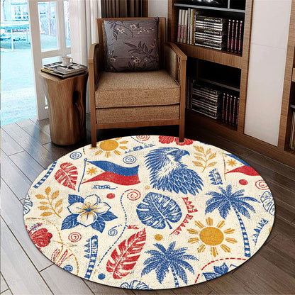 Philippines Filipinos Round Rug Eagle Sun Flag Tropical Floral Vintage Stamp Style