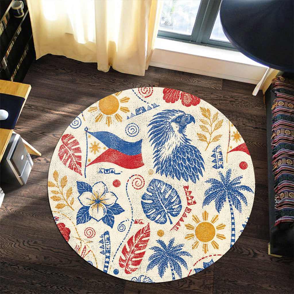Philippines Filipinos Round Rug Eagle Sun Flag Tropical Floral Vintage Stamp Style