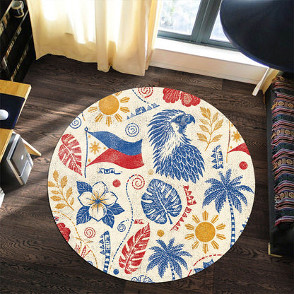 Philippines Filipinos Round Rug Eagle Sun Flag Tropical Floral Vintage Stamp Style