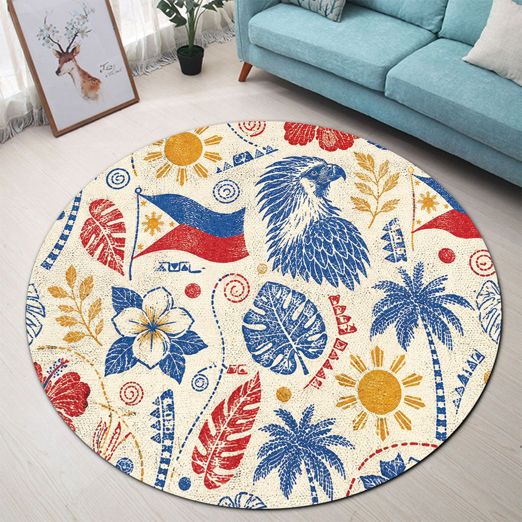 Philippines Filipinos Round Rug Eagle Sun Flag Tropical Floral Vintage Stamp Style