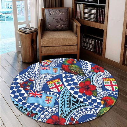 Fiji Round Rug Kula Parrot Flag Hibiscus Tribal Style