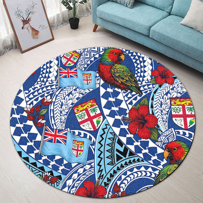 Fiji Round Rug Kula Parrot Flag Hibiscus Tribal Style