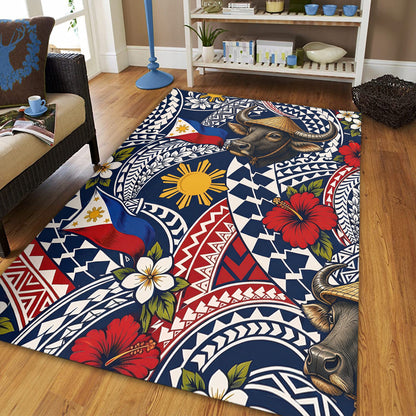 Philippines Filipinos Area Rug Carabao Sun Flag Floral Tribal Style
