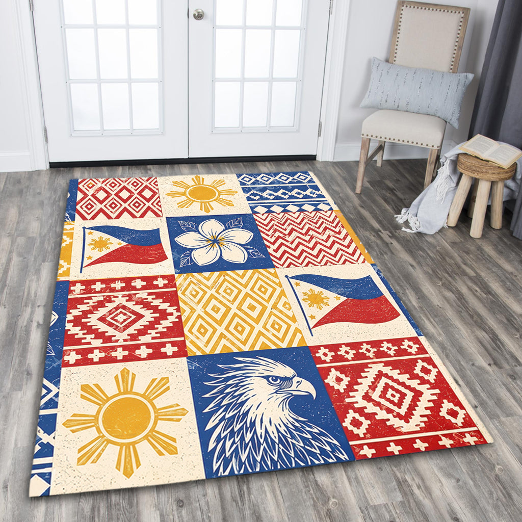 Philippines Filipinos Area Rug Eagle Sun Flag Sampaguita Geometric Quilt Style