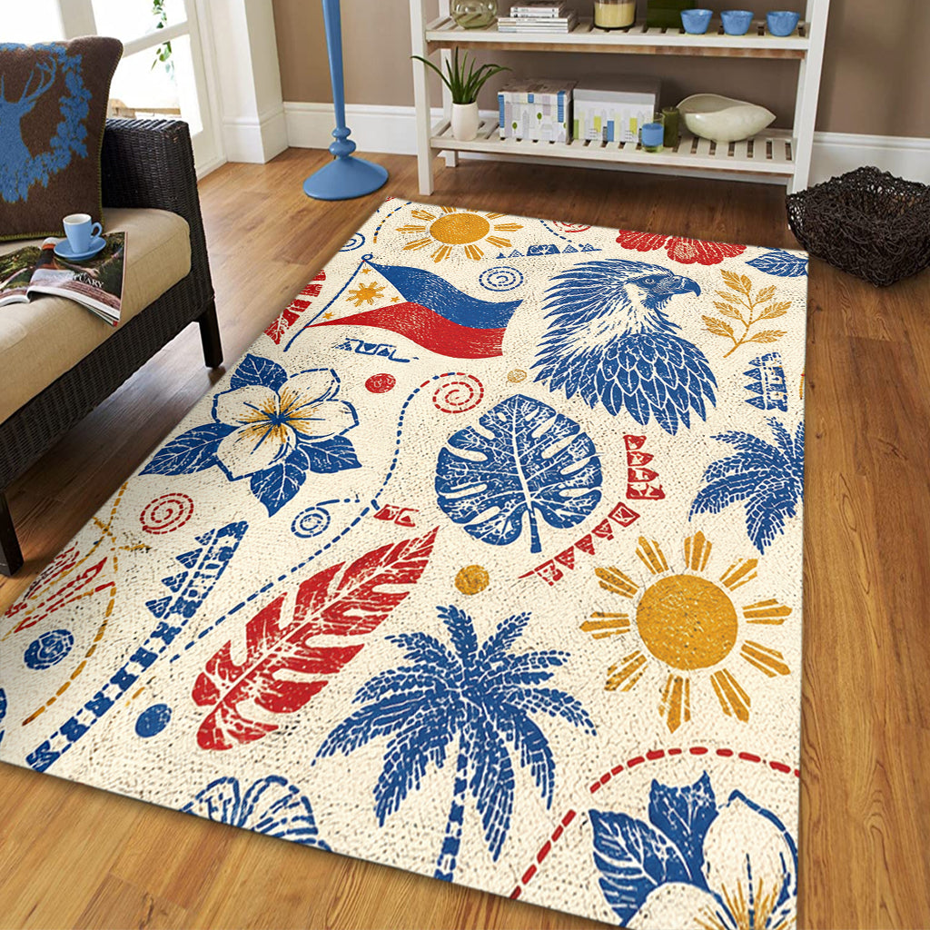 Philippines Filipinos Area Rug Eagle Sun Flag Tropical Floral Vintage Stamp Style