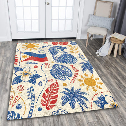 Philippines Filipinos Area Rug Eagle Sun Flag Tropical Floral Vintage Stamp Style
