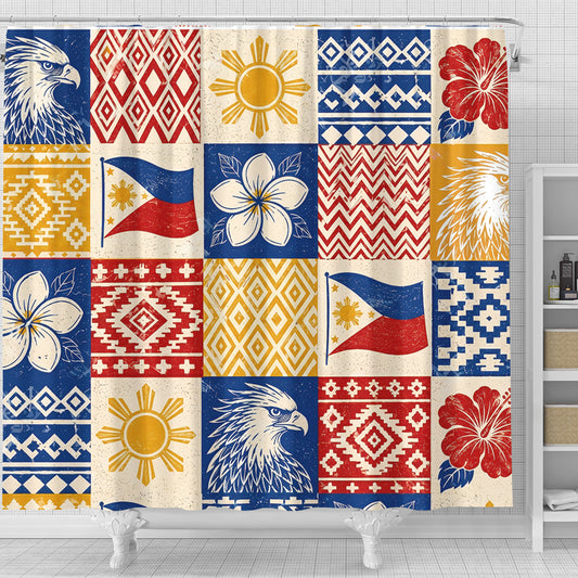 Philippines Filipinos Shower Curtain Eagle Sun Flag Sampaguita Geometric Quilt Style