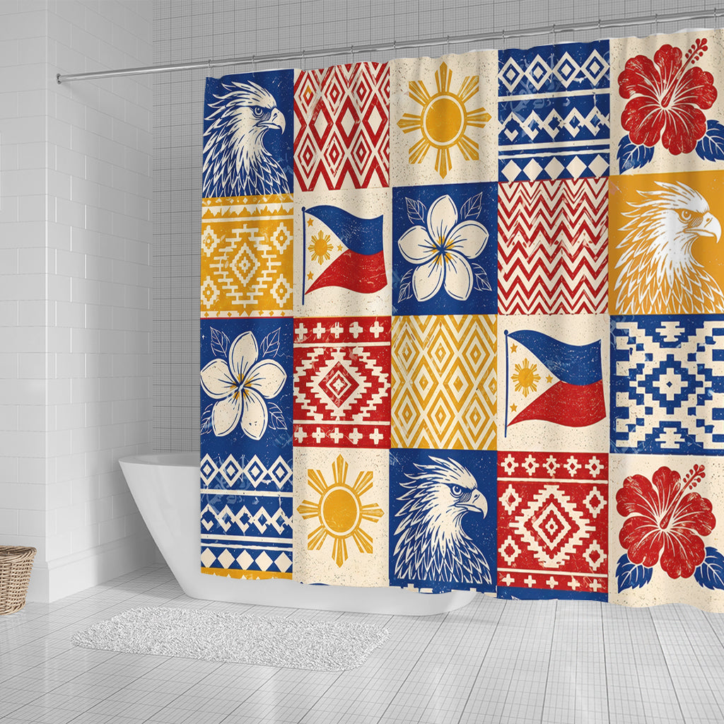 Philippines Filipinos Shower Curtain Eagle Sun Flag Sampaguita Geometric Quilt Style