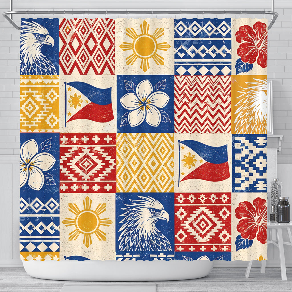 Philippines Filipinos Shower Curtain Eagle Sun Flag Sampaguita Geometric Quilt Style