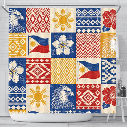 Philippines Filipinos Shower Curtain Eagle Sun Flag Sampaguita Geometric Quilt Style