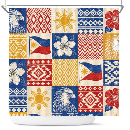 Philippines Filipinos Shower Curtain Eagle Sun Flag Sampaguita Geometric Quilt Style