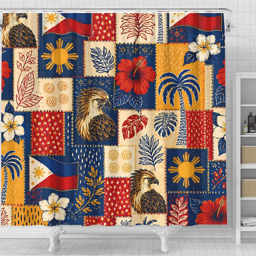 Philippines Filipinos Shower Curtain Eagle Sun Flag Tropical Floral Patchwork Style