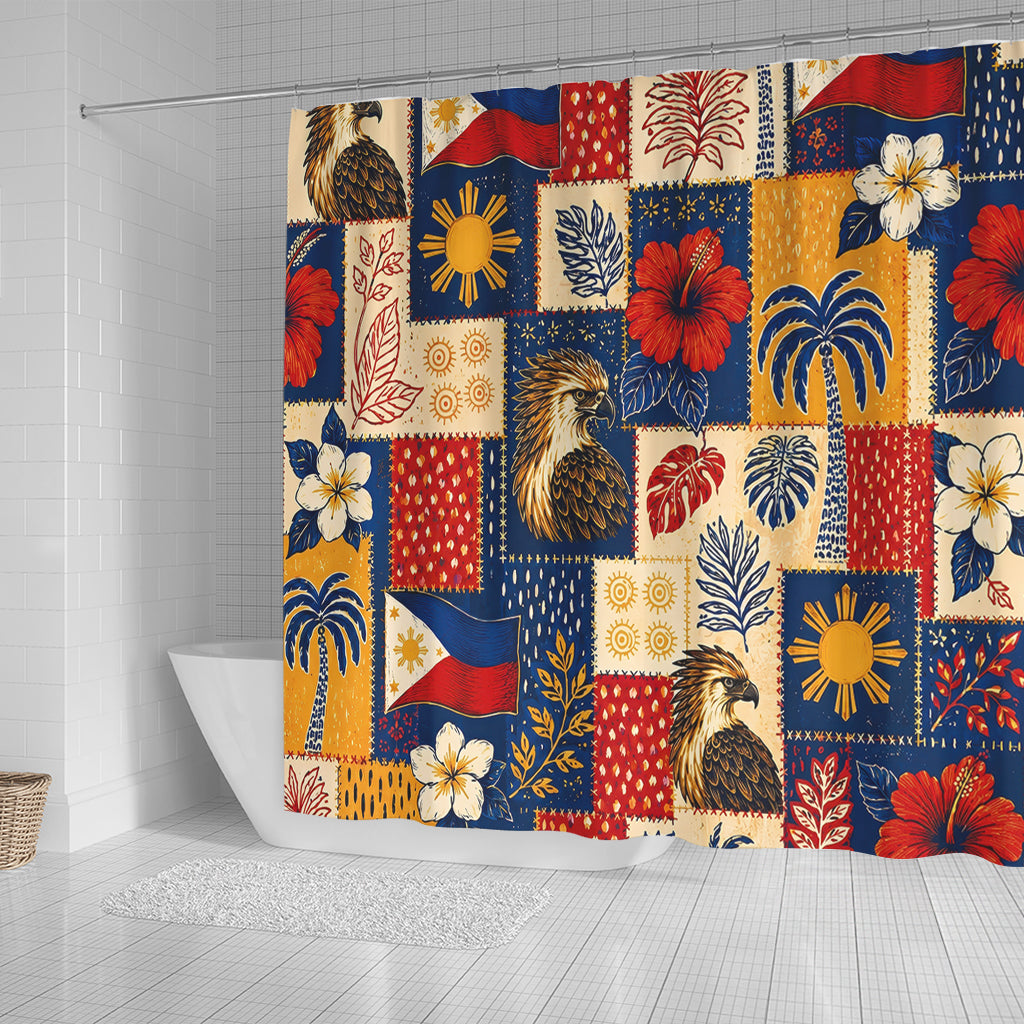 Philippines Filipinos Shower Curtain Eagle Sun Flag Tropical Floral Patchwork Style