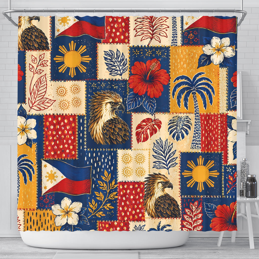 Philippines Filipinos Shower Curtain Eagle Sun Flag Tropical Floral Patchwork Style