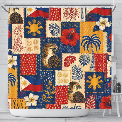 Philippines Filipinos Shower Curtain Eagle Sun Flag Tropical Floral Patchwork Style