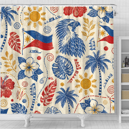 Philippines Filipinos Shower Curtain Eagle Sun Flag Tropical Floral Vintage Stamp Style