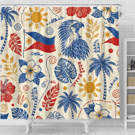 Philippines Filipinos Shower Curtain Eagle Sun Flag Tropical Floral Vintage Stamp Style