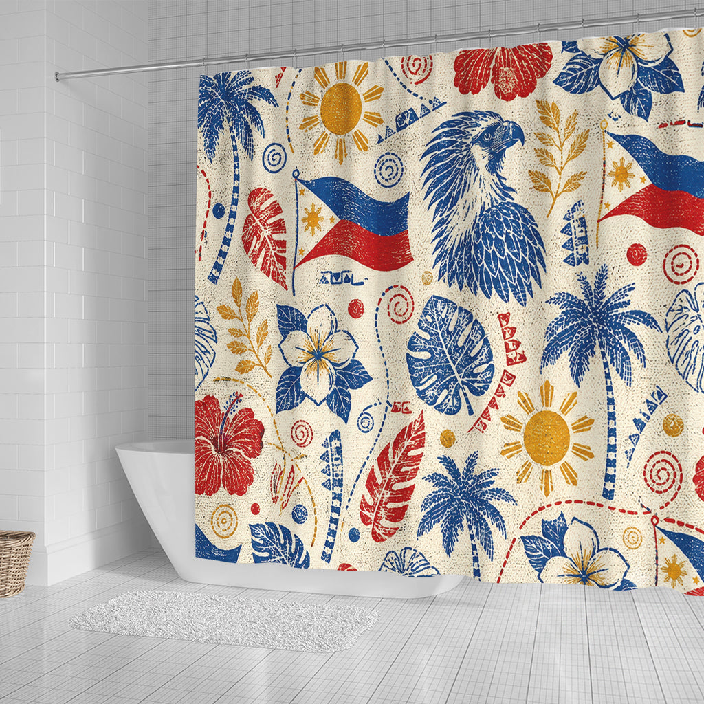 Philippines Filipinos Shower Curtain Eagle Sun Flag Tropical Floral Vintage Stamp Style