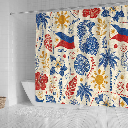 Philippines Filipinos Shower Curtain Eagle Sun Flag Tropical Floral Vintage Stamp Style