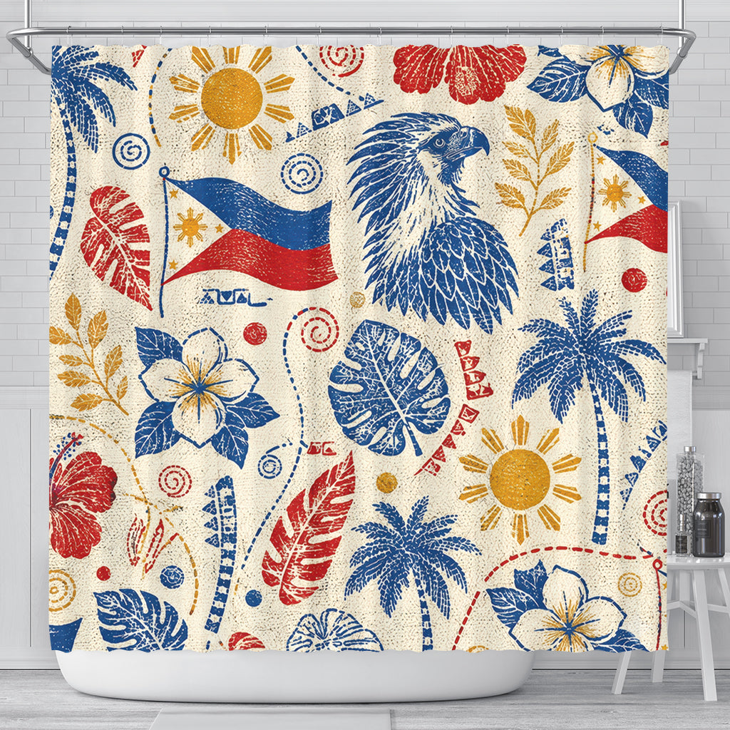 Philippines Filipinos Shower Curtain Eagle Sun Flag Tropical Floral Vintage Stamp Style
