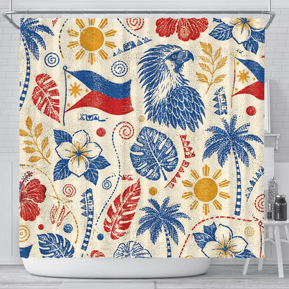 Philippines Filipinos Shower Curtain Eagle Sun Flag Tropical Floral Vintage Stamp Style