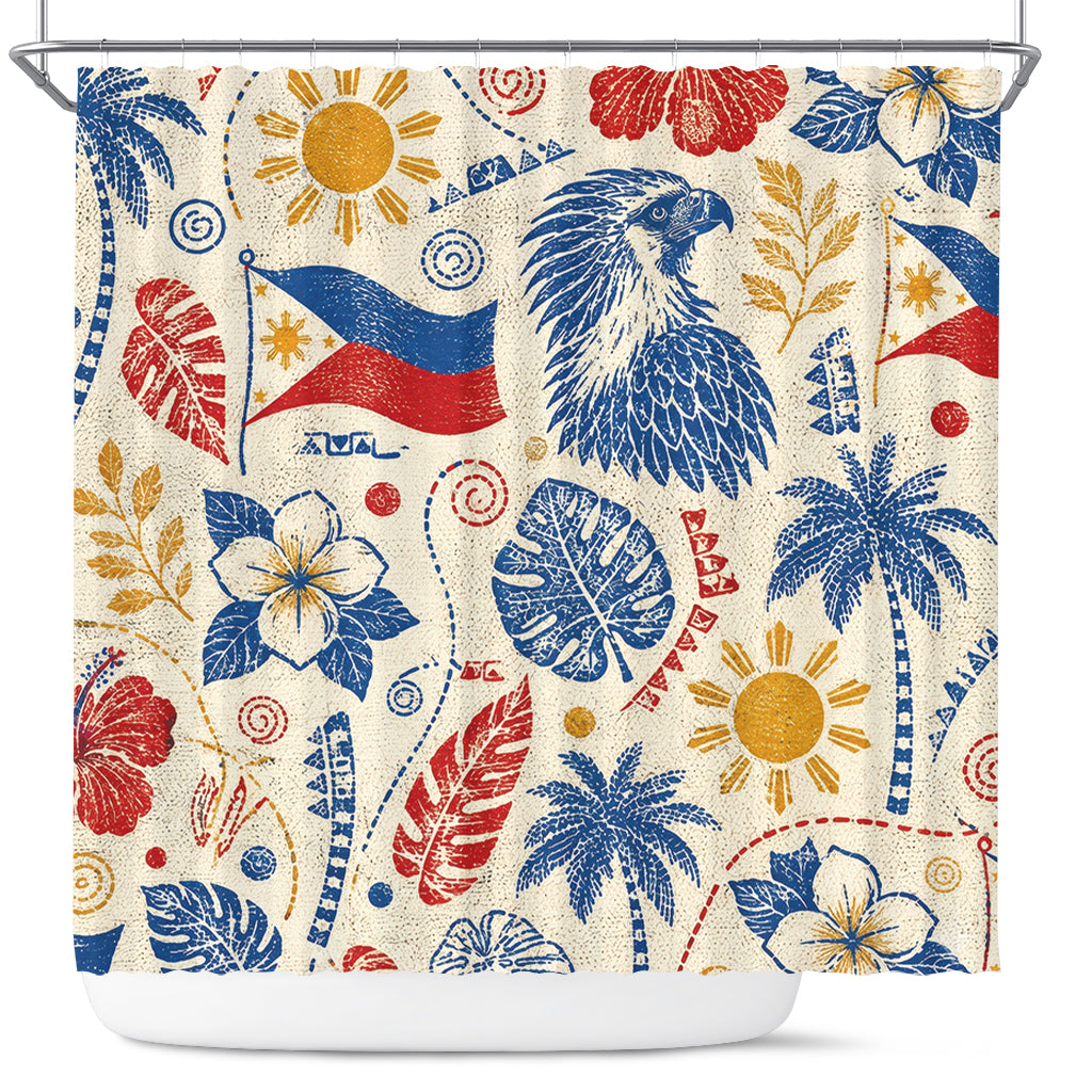 Philippines Filipinos Shower Curtain Eagle Sun Flag Tropical Floral Vintage Stamp Style
