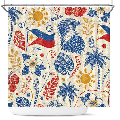 Philippines Filipinos Shower Curtain Eagle Sun Flag Tropical Floral Vintage Stamp Style