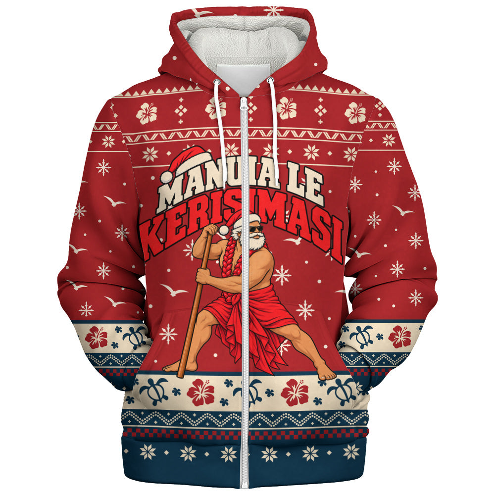 Samoa Sherpa Hoodie Ugly Christmas Manuia le Kerisimasi Samoan Warrior Santa