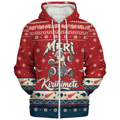 New Zealand Sherpa Hoodie Ugly Christmas Meri Kirihimete Maori Haka Santa