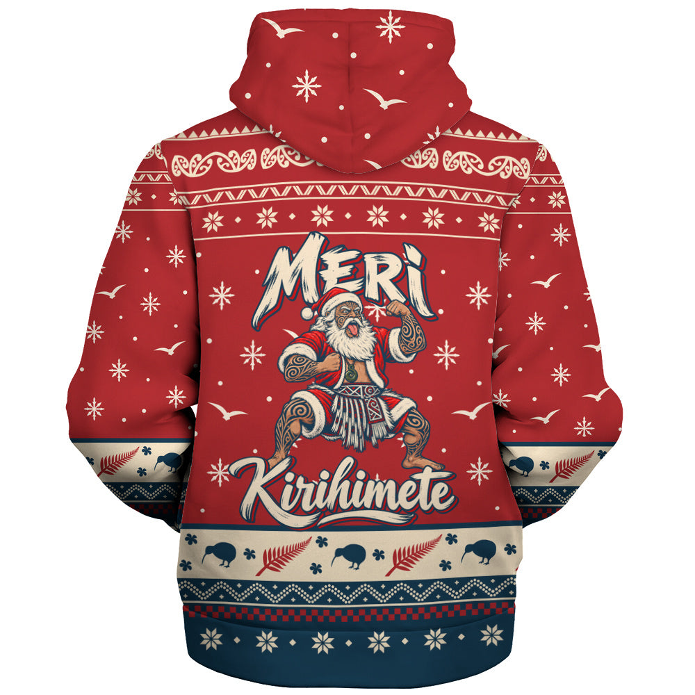 New Zealand Sherpa Hoodie Ugly Christmas Meri Kirihimete Maori Haka Santa