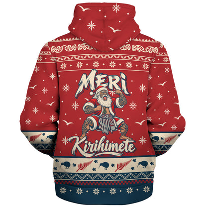 New Zealand Sherpa Hoodie Ugly Christmas Meri Kirihimete Maori Haka Santa