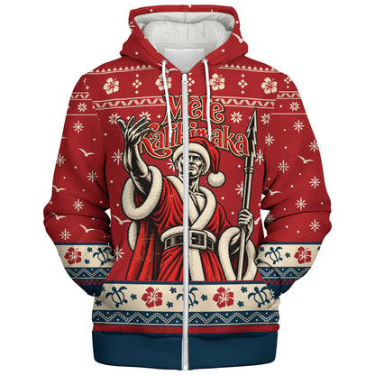 Hawaii Sherpa Hoodie Ugly Christmas Mele Kalikimaka King Kamehameha