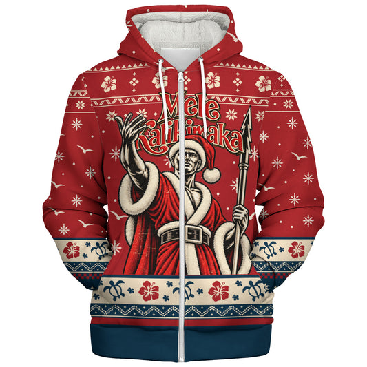 Hawaii Sherpa Hoodie Ugly Christmas Mele Kalikimaka King Kamehameha