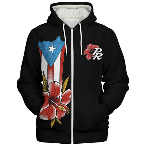 Puerto Rico Sherpa Hoodie Black Puerto Rican Flag Hibiscus Floral Boricua Pride