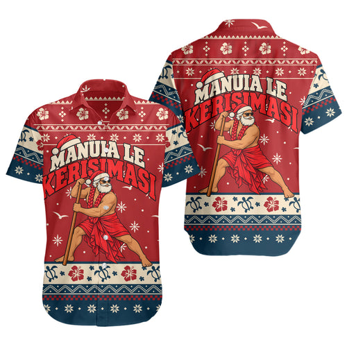 Samoa Short Sleeve Shirt Ugly Christmas Manuia le Kerisimasi Samoan Warrior Santa