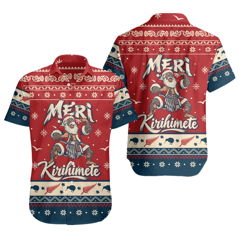 New Zealand Short Sleeve Shirt Ugly Christmas Meri Kirihimete Maori Haka Santa