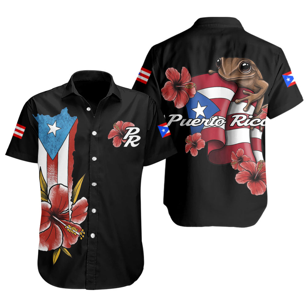 Puerto Rico Short Sleeve Shirt Black Puerto Rican Flag Hibiscus Floral Boricua Pride