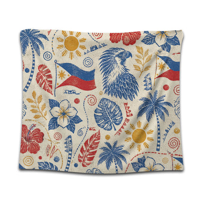 Philippines Filipinos Tapestry Eagle Sun Flag Tropical Floral Vintage Stamp Style