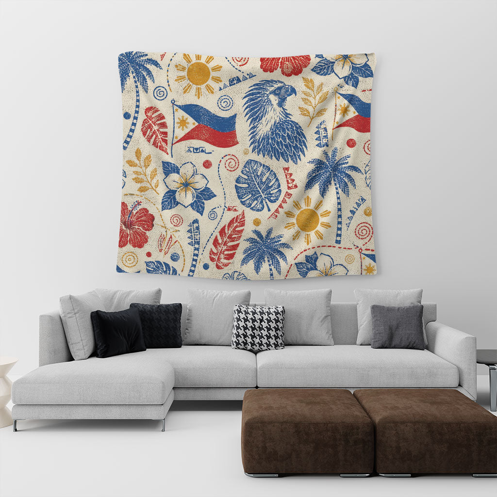 Philippines Filipinos Tapestry Eagle Sun Flag Tropical Floral Vintage Stamp Style