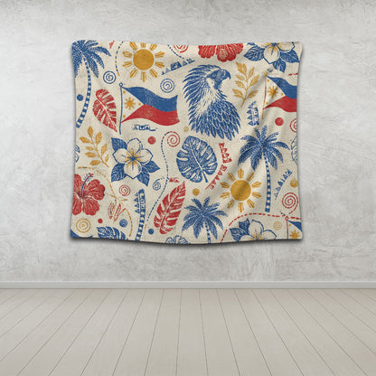 Philippines Filipinos Tapestry Eagle Sun Flag Tropical Floral Vintage Stamp Style