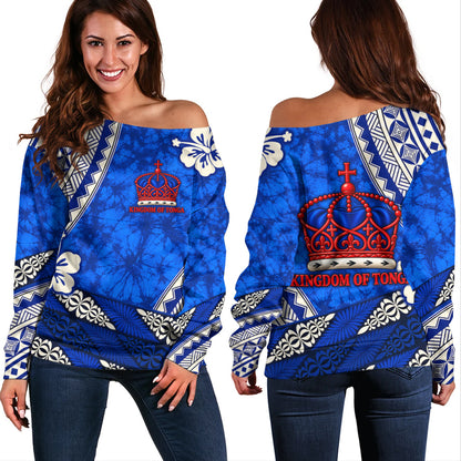 Tonga Off Shoulder Sweatshirt Kingdom Crown Polynesian Floral Pride