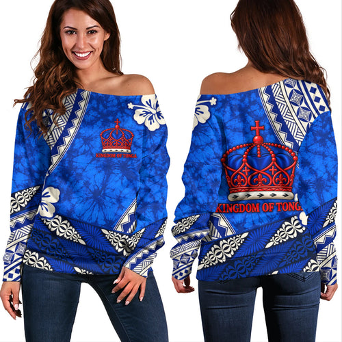 Tonga Off Shoulder Sweatshirt Kingdom Crown Polynesian Floral Pride