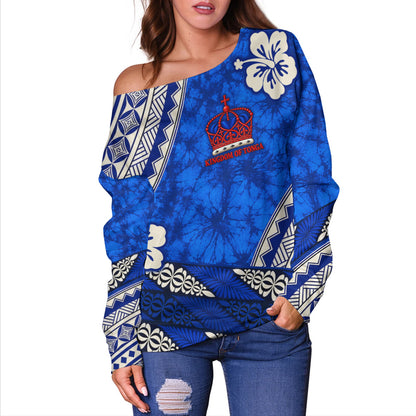 Tonga Off Shoulder Sweatshirt Kingdom Crown Polynesian Floral Pride
