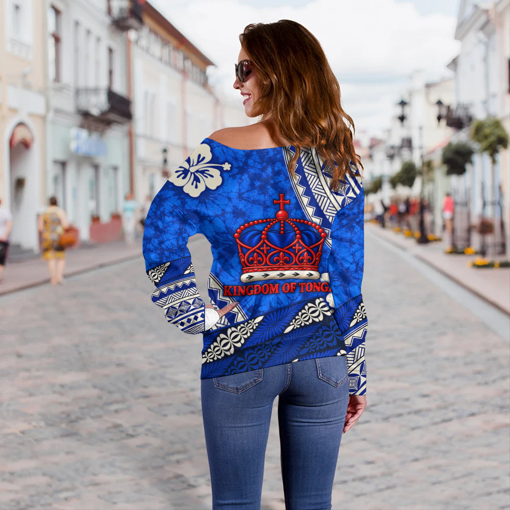 Tonga Off Shoulder Sweatshirt Kingdom Crown Polynesian Floral Pride