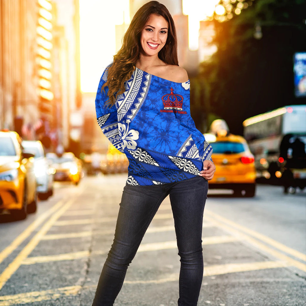 Tonga Off Shoulder Sweatshirt Kingdom Crown Polynesian Floral Pride