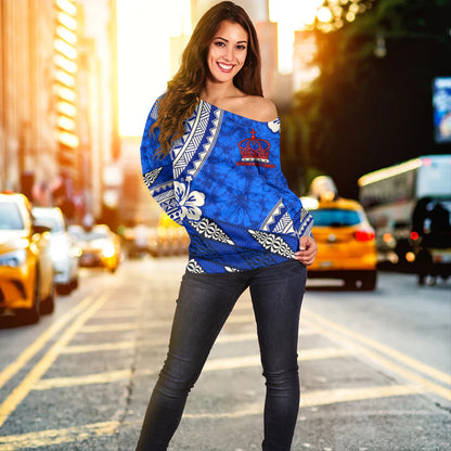 Tonga Off Shoulder Sweatshirt Kingdom Crown Polynesian Floral Pride