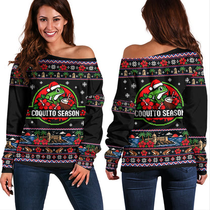 Puerto Rico Off Shoulder Sweatshirt Coquito Season Puerto Rico Christmas Ugly Style